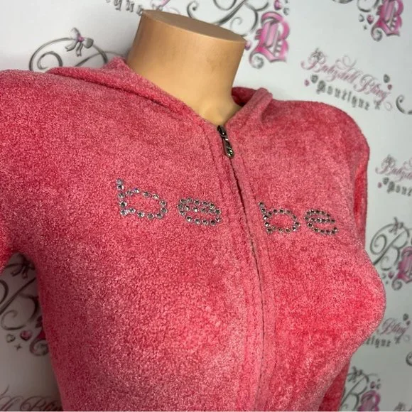 Bebe furry sweater fuzzy cropped pink coral bling rhinestone logo zip up y2k - Picture 4 of 16